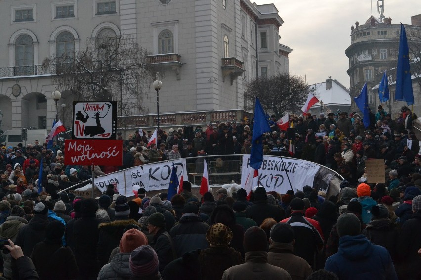 Manifestacja KOD w Bielsku-Białej. Mróz, demokracja, narodowcy i... poseł Pięta [ZDJĘCIA]