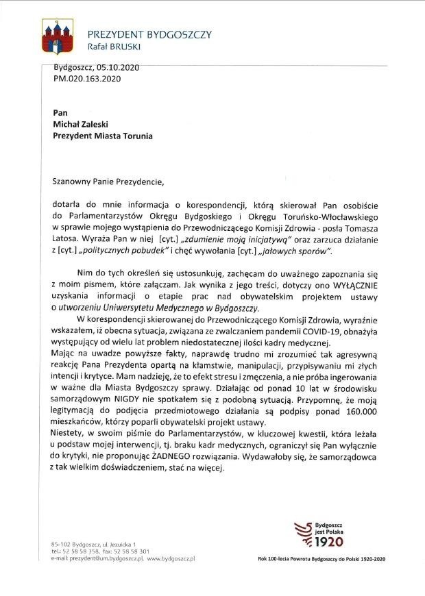 List prezydenta Rafała Bruskiego do prezydenta Torunia...