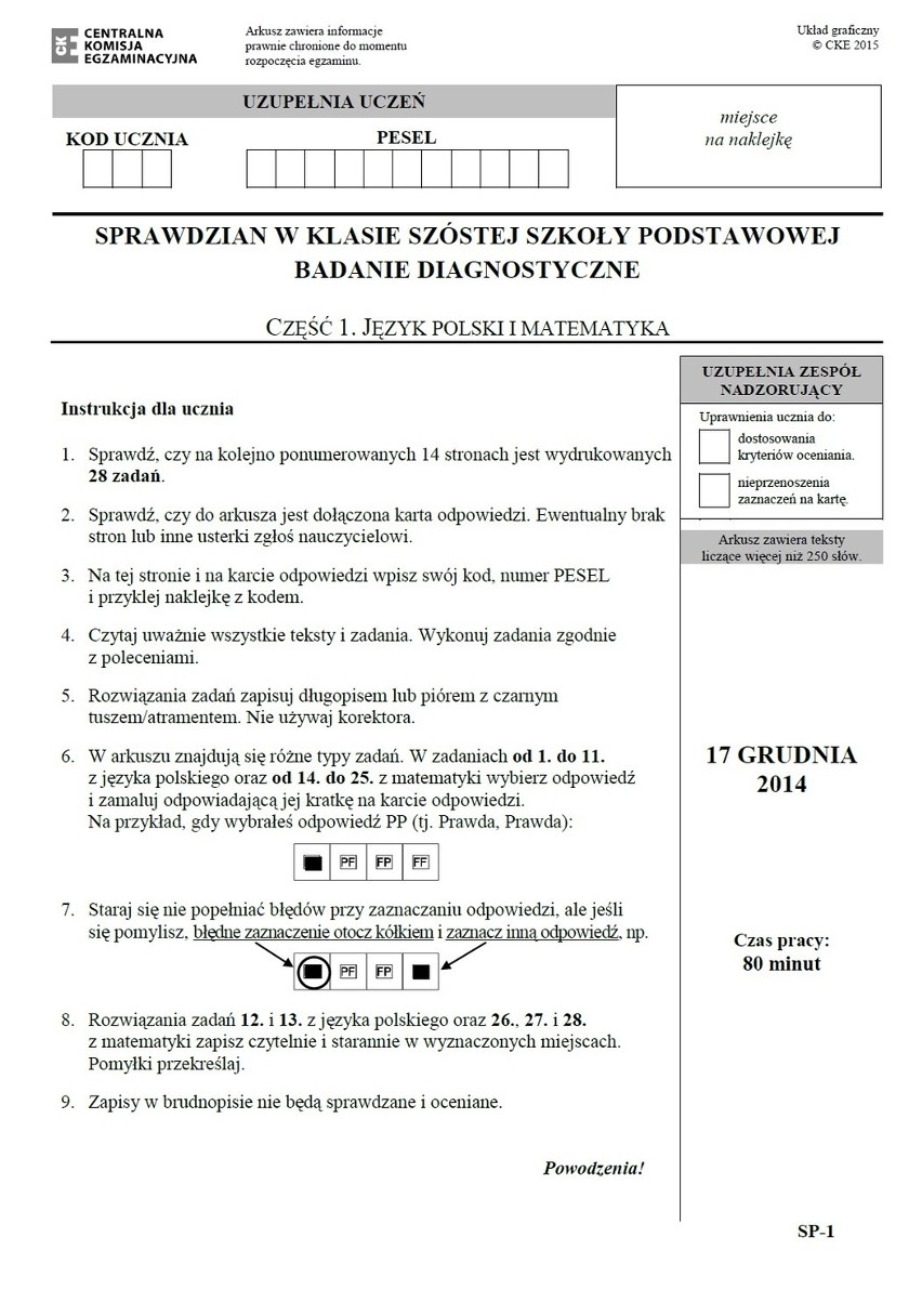 Próbny sprawdzian szóstoklasisty 2014/2015. Test...