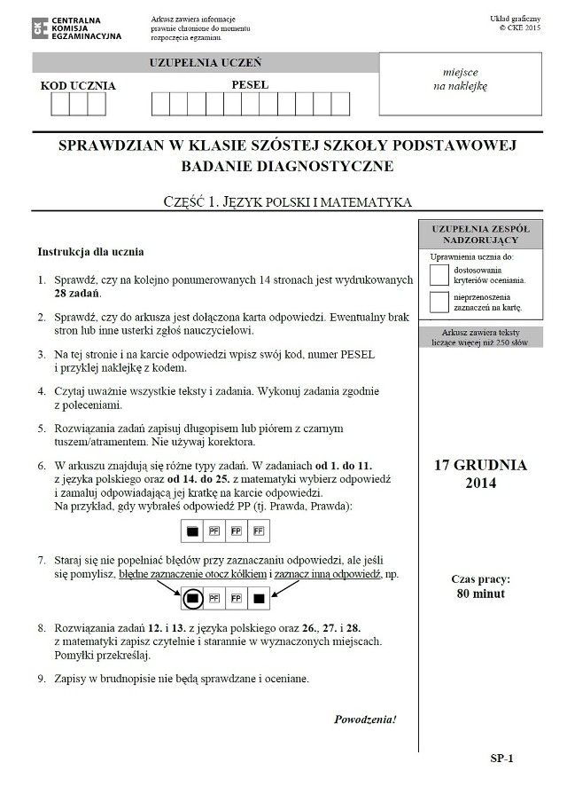 Próbny sprawdzian szóstoklasisty 2014/2015. Test szóstoklasisty 17.12.2014 [ARKUSZ]