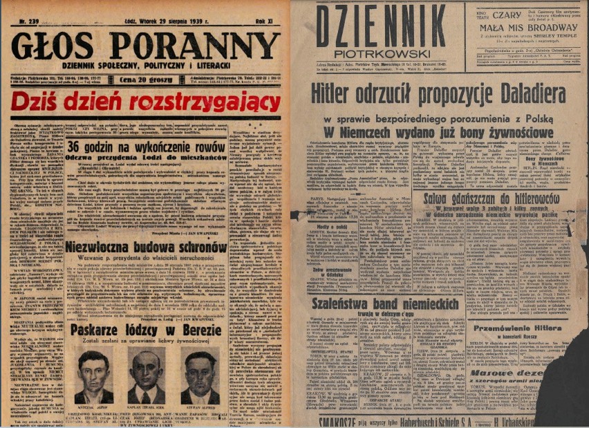 29 sierpnia 1939 gazety ukazujące się w Łodzi i Piotrkowie...