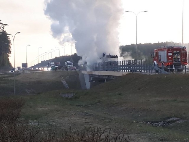 Poważny wypadek na autostradzie A1 w Nowych Marzach. Pożar ciężarówki przewożącej konie.