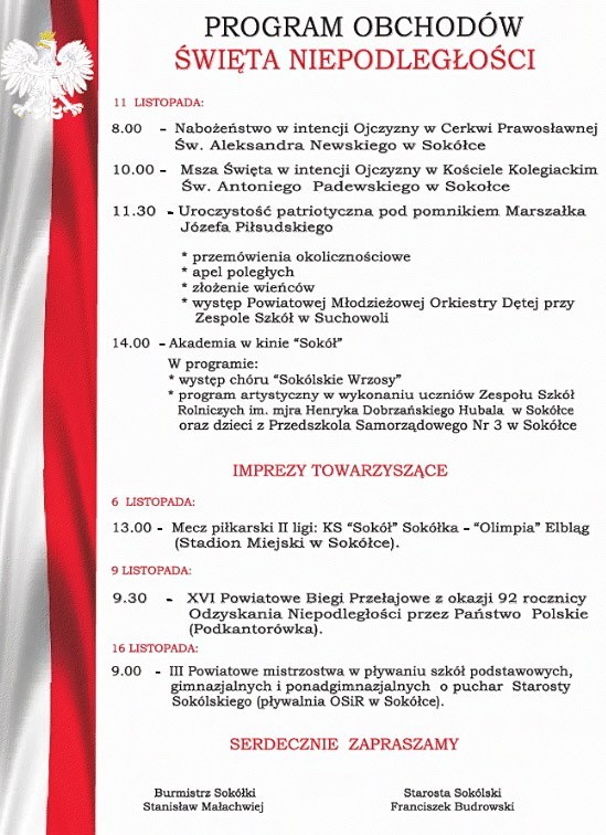 Program obchodów Święta Niepodległości w Sokółce.