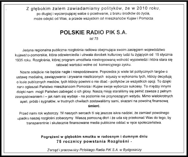 Pracownicy Radia PiK zamiast pić dzisiaj szampana, zawiesili nekrolog na  drzwiach | Gazeta Pomorska