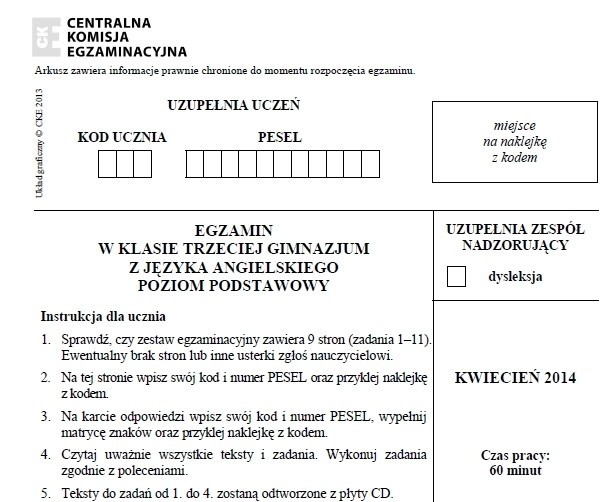 EGZAMIN GIMNAZJALNY 2014 z CKE - JĘZYK OBCY, JĘZYK ANGIELSKI...