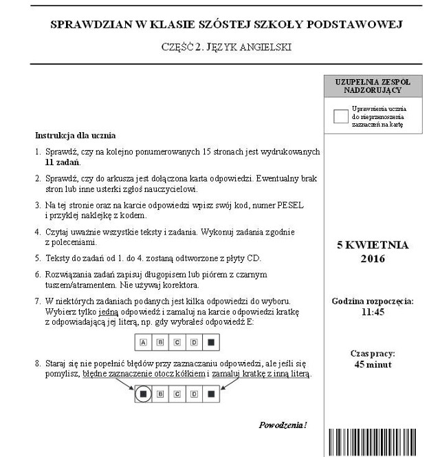 Sprawdzian szóstoklasisty 2016: ANGIELSKI - ODPOWIEDZI - mamy