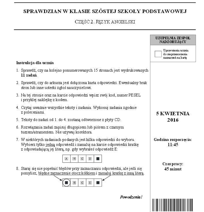 Sprawdzian szóstoklasisty 2016: ANGIELSKI - ODPOWIEDZI - mamy