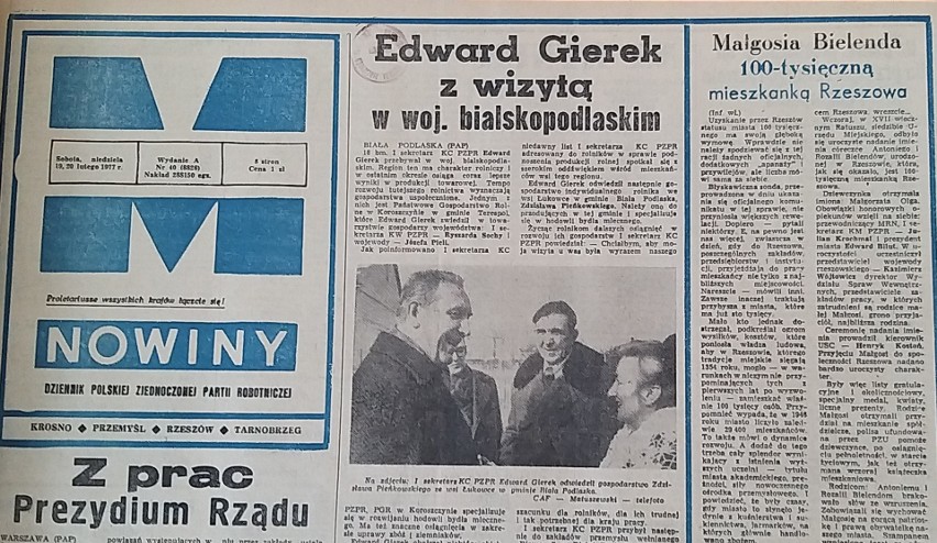 Pierwsza strona Nowin z 19 lutego 1977 roku z informacją o...