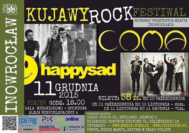 11 grudnia w hali widowiskowo-sportowej odbędzie się Kujawy Rock Festiwal. Gwiazdami tej imprezy będą zespoły Coma i Happysad