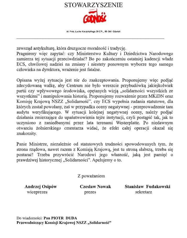 Stowarzyszenie Godność w liście do Ministra Kultury: "ECS nie jest już naszą instytucją"