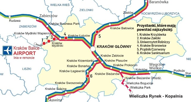 Tak wygląda obecnie sieć przystanków i stacji kolejowych w Krakowie. Czerwonymi kropkami zaznaczone są przystanki, które powinny powstać w najbliższych latach. Docelowo pociągi mają zatrzymywać się w 36 punktach miasta.