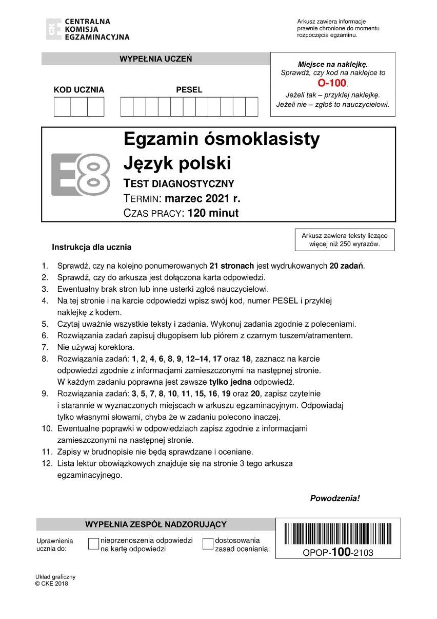 Próbny test ósmoklasisty 2021 CKE z j. polskiego: pytania, lektury [ARKUSZ CKE, ODPOWIEDZI] 17.03.21