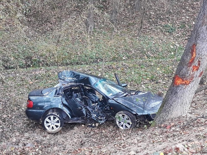 Wypadek w Libuszy. Auto roztrzaskane o drzewo., ranni byli wycinani z wraku [ZDJĘCIA]