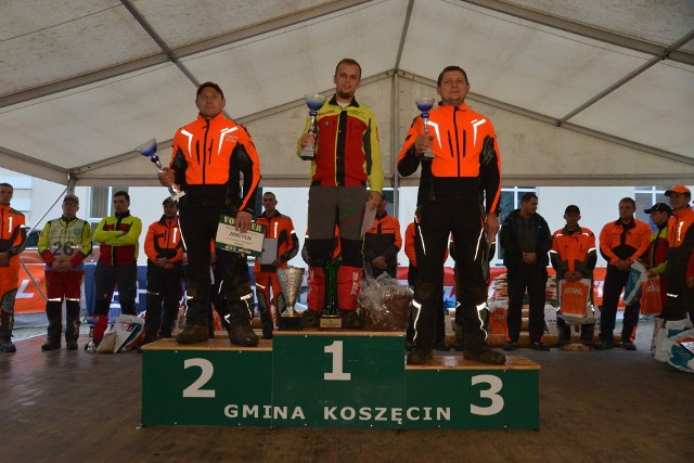 Mistrzostwa Polski Drwali 2017 w Koszęcinie, podium: 1 Kamil Szarmach, 2. Tomasz Bilski, 3. Tomasz Kowol