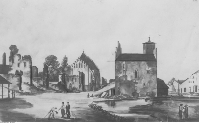 Fragment kościoła i ratusza w Olkuszu.  Zdjęcie starej ryciny.