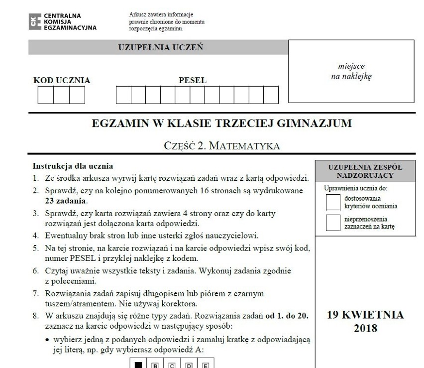 Egzamin gimnazjalny 2019. MATEMATYKA ARKUSZ CKE I ODPOWIEDZI. Testy  gimnazjalne (cz. matematyczno-przyrodnicza) z matematyki 11.04.2019 |  Dziennik Bałtycki