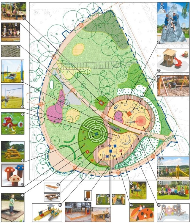 Tak wygląda projekt placu zabaw na Plantach. Zabawki i urządzenia ze zdjęć staną w zaznaczonych strzałkami miejscach.
