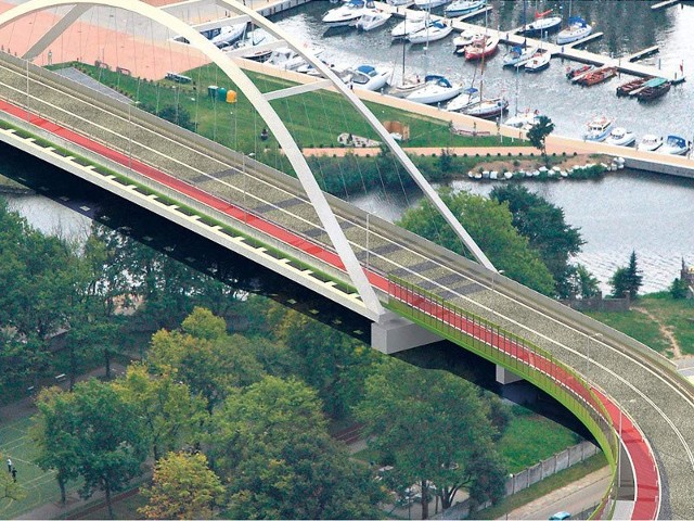 Wizualizacja nowego mostu, usytuowanego nieco w dół rzeki. Most połączy ul. Szkolną i z Solną . 