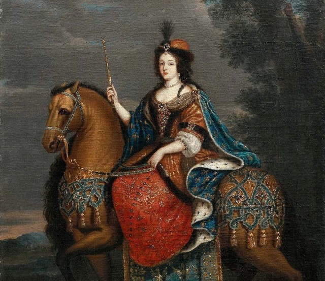 Portret królowej Marii Kazimiery w stroju koronacyjnym: na koniu.