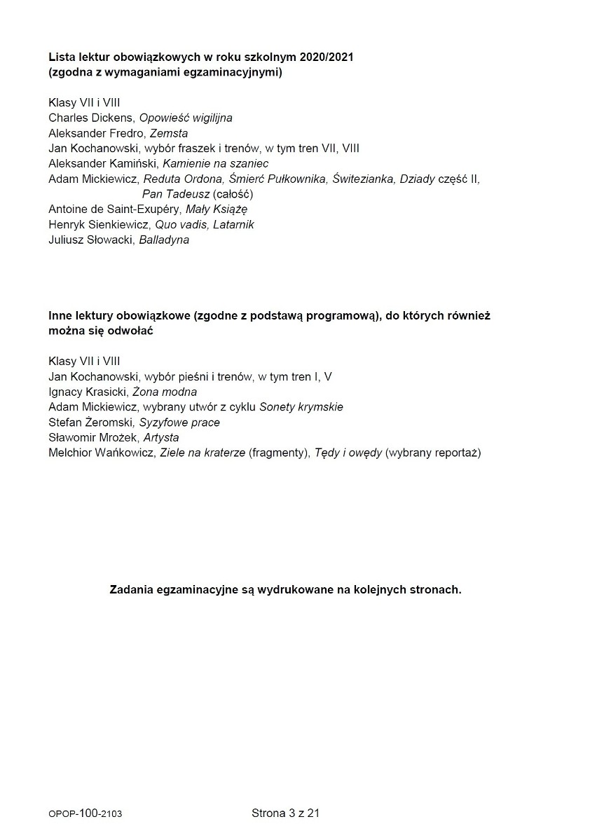 Próbny egzamin ósmoklasisty 2021: język polski. ARKUSZE CKE + ODPOWIEDZI CKE.  Jakie tematy wypracowań pojawiły się na egzaminie 17.03.2021? | Dziennik  Bałtycki