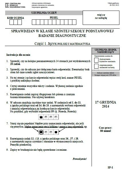 Próbny SPRAWDZIAN SZÓSTOKLASISTY 2015 z języka polskiego i matematyki 