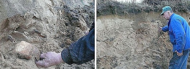 (Z prawej) Fragment ludzkiej czaszki. (Z lewej) Tak wygląda wydma piaszczysta, w której poniewierają się ludzkie kości.