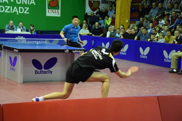 Wang Yang (Olimpia-Unia Grudziądz, tyłem) w najznakomitszym pojedynku meczu z Eslovs Ai Bordtennis ze Szwecji