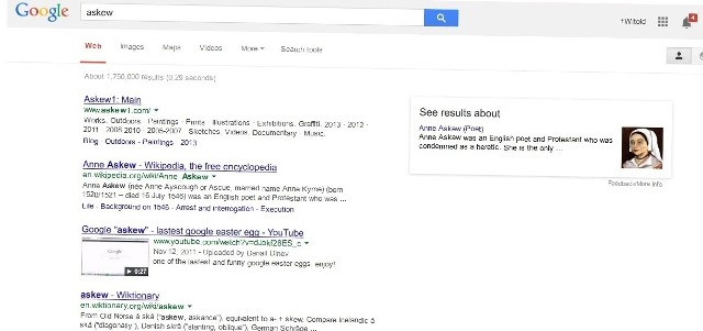 5. Google - AskewI na koniec "askew" - kolejna wizualna zabawa wujka Google. Wpisanie takiego hasła w oknie wyszukiwarki wspowoduje przechylenie wyników wyszukiwania (działa tylko w oknie Google, po kliknięciu na jakimkolwiek wyniku wyszukiwania, Google prostuje to, co wykrzywiło). Uwaga - zamiennie można stosować komendę "tilt".