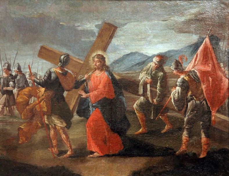 Stacja V: Szymon z Cyreny pomaga dźwigać krzyż Jezusowi...