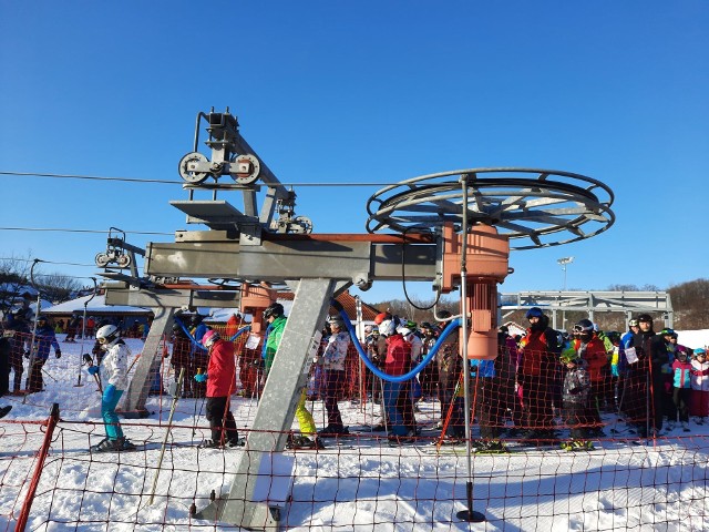 W niedzielę 31 stycznia na nartach w Bałtowie znów były tłumy ludzi. Niestety miłośnicy nart i snowboardu musieli wykazać się dużą cierpliwością -kolejki do wszystkich wyciągów były ogromne co widać na zdjęciu powyżej. Podobnie do wypożyczalni czy punktów gastronomicznych - trzeba było bardzo długo czekać. W niedzielę zamknięte były namioty z nagrzewnicami, gdzie wcześniej na ławkach siadali ludzie. Wokół stoku było wielu policjantów. Grała też Wielka Orkiestra Świątecznej Pomocy a pieniądze do puszki zbierał...Święty Mikołaj. Warunki do jazdy na stokach w Szwajcarii Bałtowskiej były wyśmienite. Przypomnijmy, że jazda na nartach lub snowboardzie możliwa jest po zapisaniu się na zajęcia edukacyjne. Na kolejnych slajdach zobaczcie co działo się na stokach narciarskich w Bałtowie i wokół nich w niedzielę 31 stycznia 