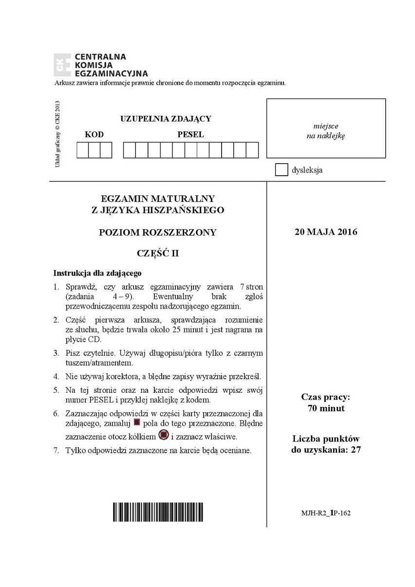 Stara matura 2016: Język HISZPAŃSKI rozszerzenie [ODPOWIEDZI, ARKUSZ CKE]