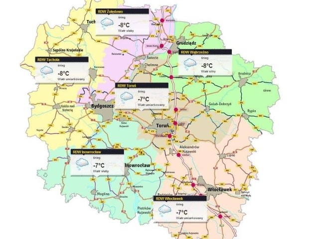 Mapa utrudnień drogowych w regionie. Najtrudniejsze warunki panują na północy i południowym wschodzie regionu.