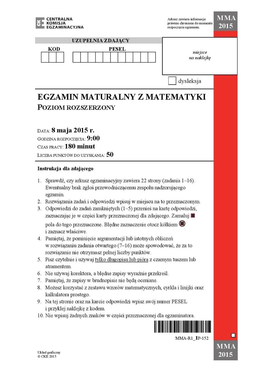 Matura 2015 MATEMATYKA ROZSZERZONA ARKUSZE CKE, PYTANIA,...