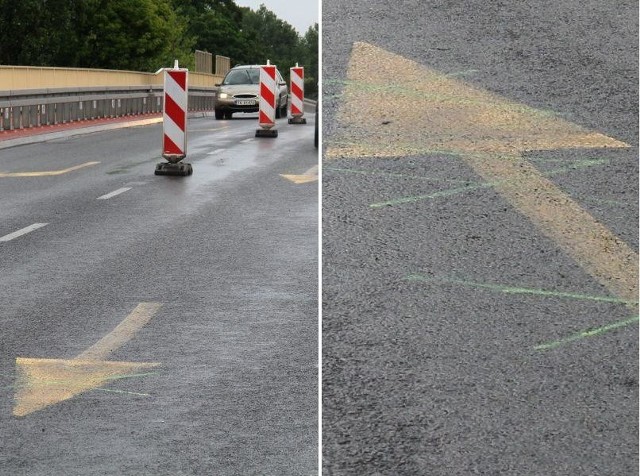 Strzałki na wiadukcie przy Krakowskiej w Kielcach wprowadzają w błąd kierujących pojazdami. Informują, że ktoś jedzie pod prąd. Na małym zdjęciu pokazujemy w jaki sposób zaznaczono ,że strzałki nie obowiązują - wygląda to tak jakby ktoś sobie tu porysował kredą.