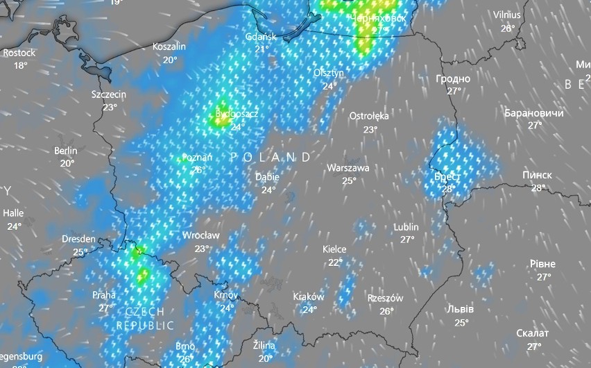 Symulacja strefy burz i opadów w Polsce w piątek, 24...