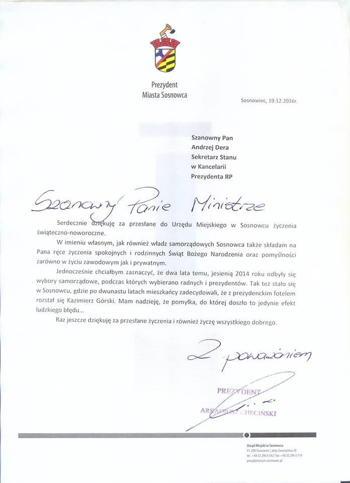 Życzenia z Kancelarii Prezydenta RP dla prezydenta Sosnowca