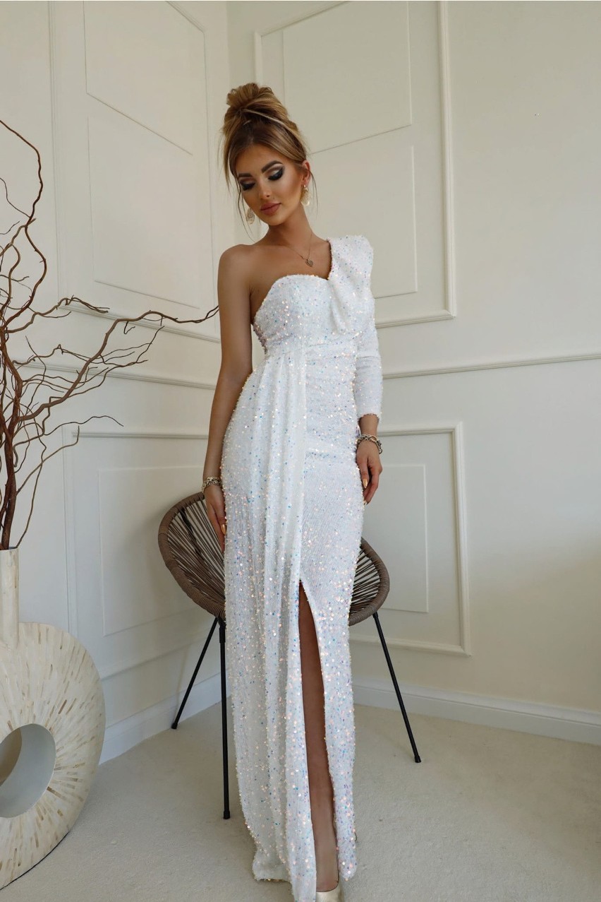 Nazwa: Sukienka cekinowa długa na jedno ramię biała Malediva...