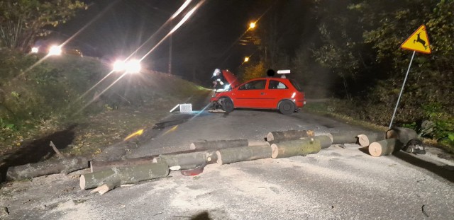 Samochód wjechał w drzewo powalone na drogę gminną w Zalasowej, 3.11.2023