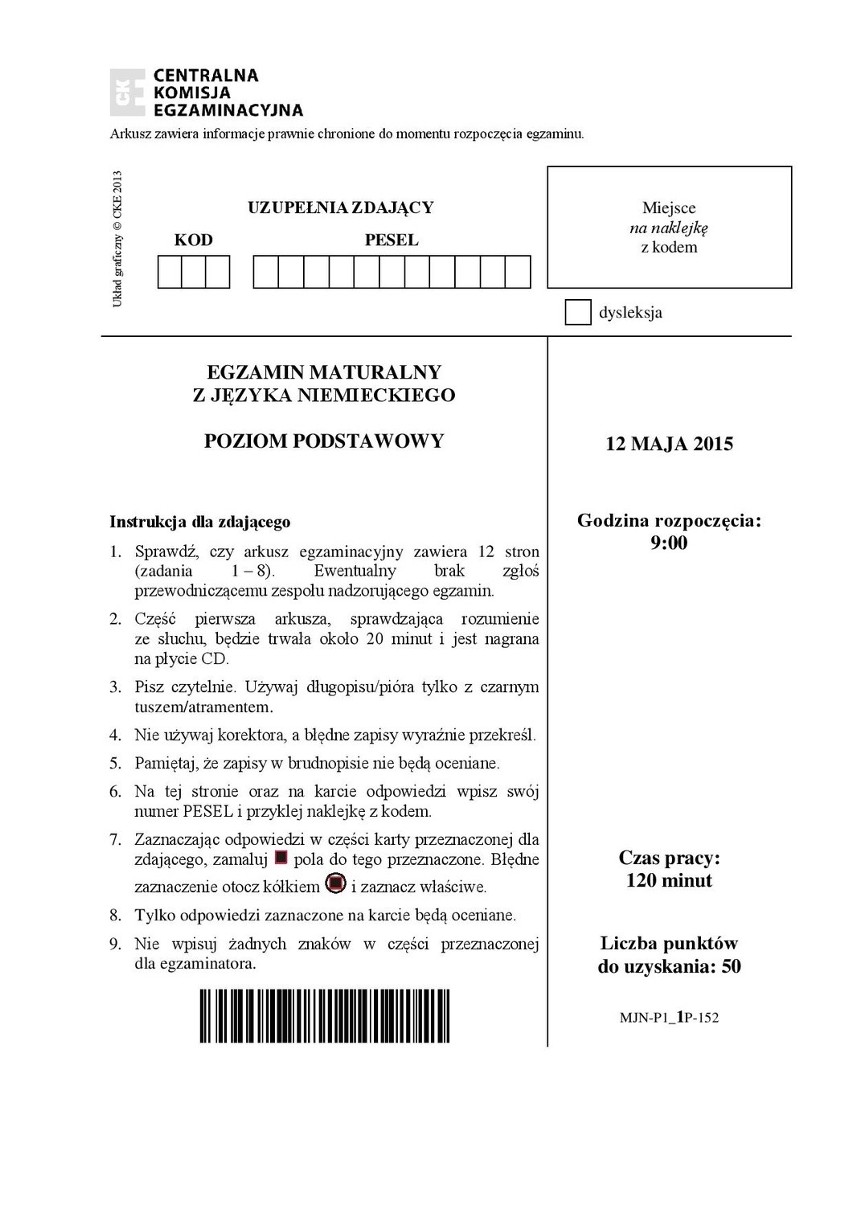 Matura 2015: Język NIEMIECKI poziom podstawowy dla TECHNIKUM...