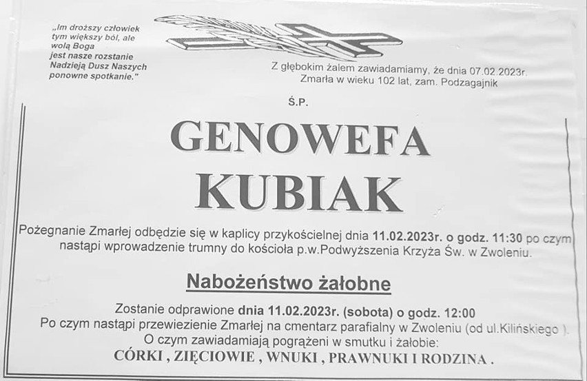 Zmarła Genowefa Kubiak, jedna z najstarszych mieszkanek powiatu zwoleńskiego i regionu radomskiego. Miała 102 lata