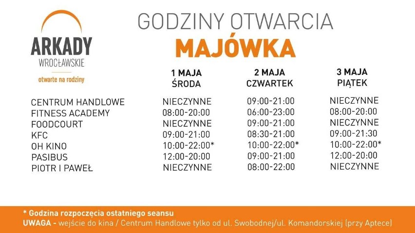 Arkady Wrocławskie. Godziny otwarcia w długi weekend