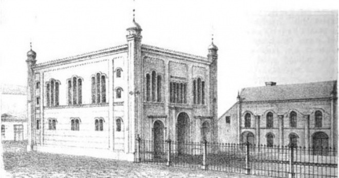 Rycina przedstawiająca synagogę w niemieckim Landsbergu...
