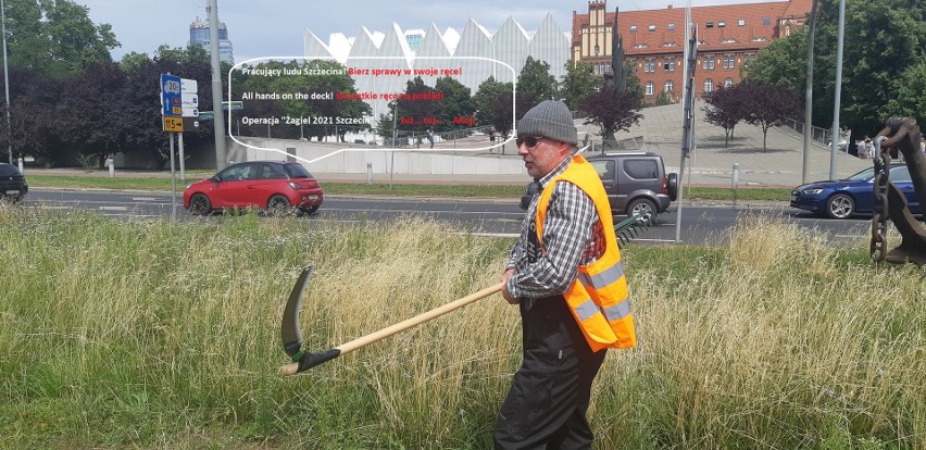 Radny Robert Stankiewicz w centrum miasta kosił wysoką trawę, by ratować honor Szczecina. Doczekał się odpowiedzi na apel