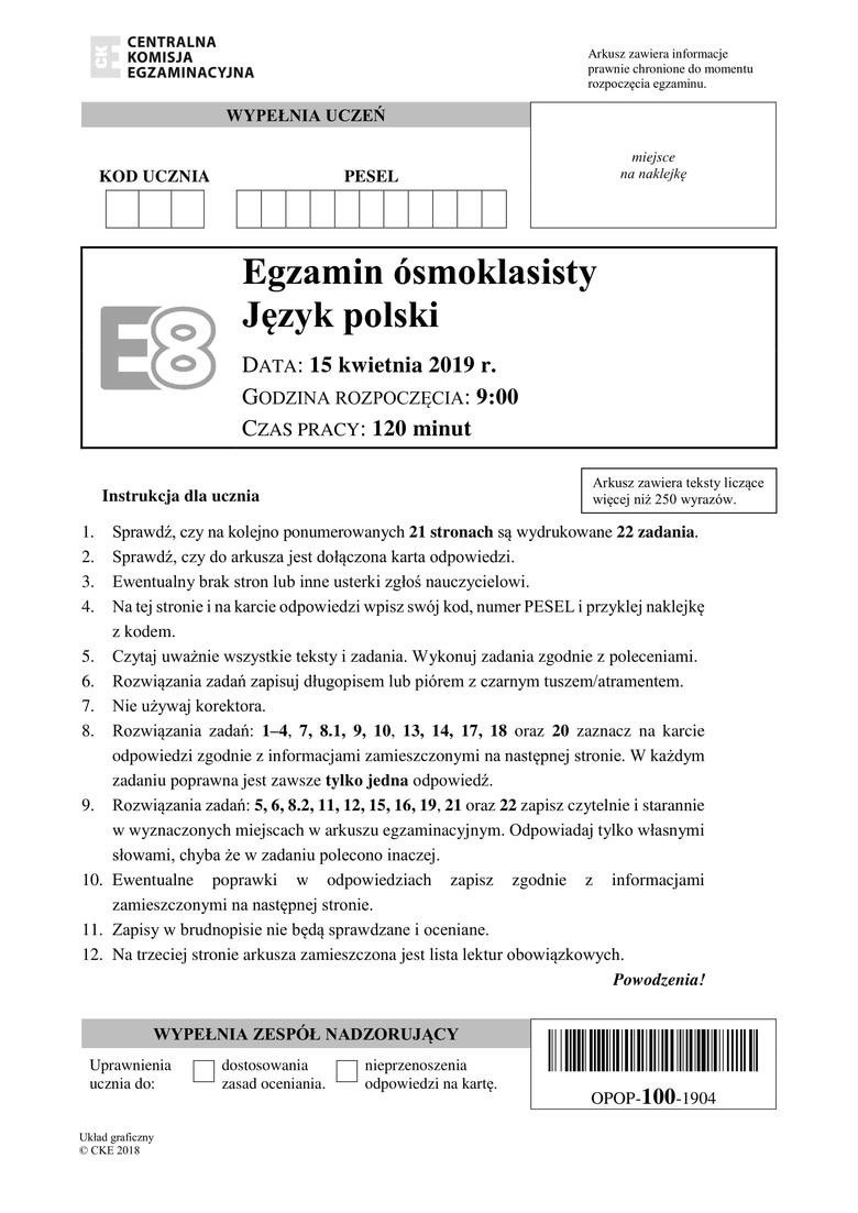 Egzamin ósmoklasisty 2019: JĘZYK POLSKI. Przecieki, arkusze...