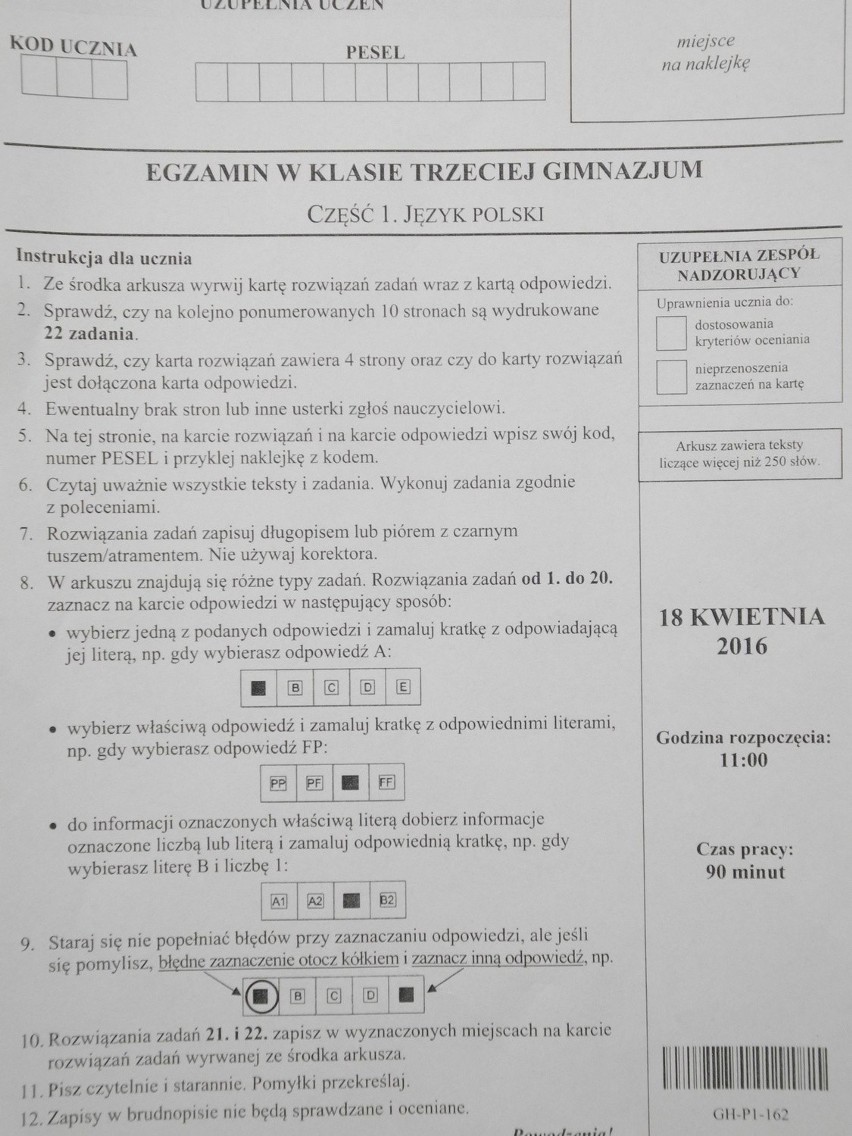 Egzamin Gimnazjalny. Odpowiedzi z Polskiego