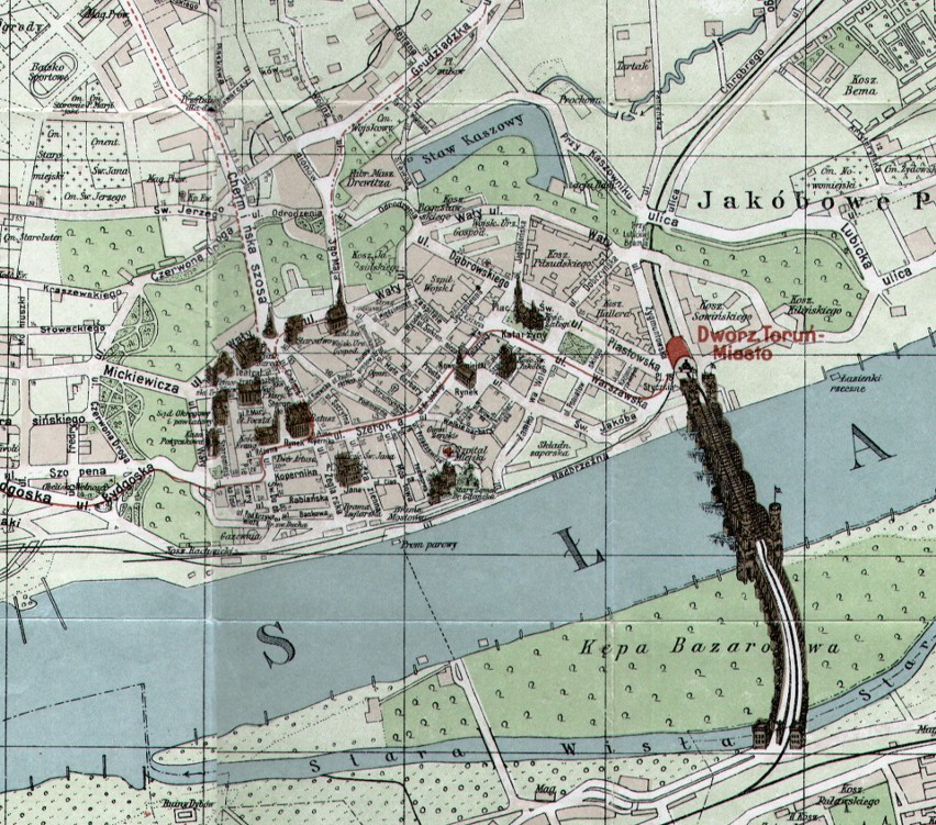 Obszar przyszłych Plant. Fragment mapy Torunia z 1921 r.