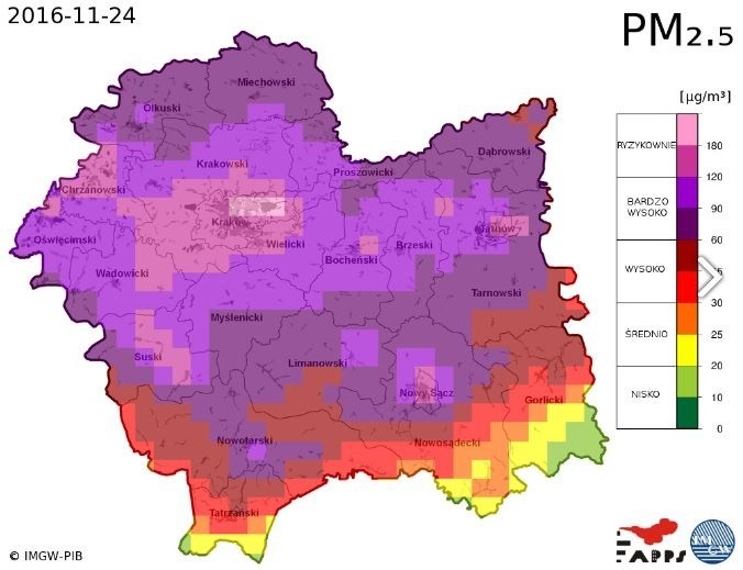 Prognoza stężenia pyłów PM 2,5 w Małopolsce.