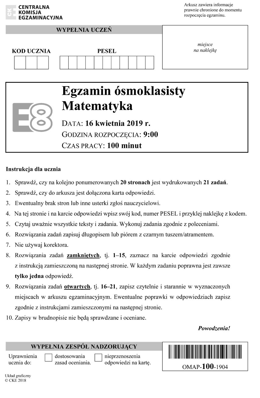 Egzamin ósmoklasisty 2019. Matematyka, arkusz egzaminacyjny CKE