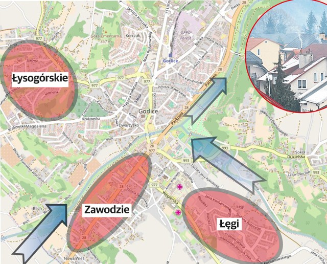 Chmury szkodliwego pyłu w mieście unoszą się tam, gdzie są skupiska domów jednorodzinych.