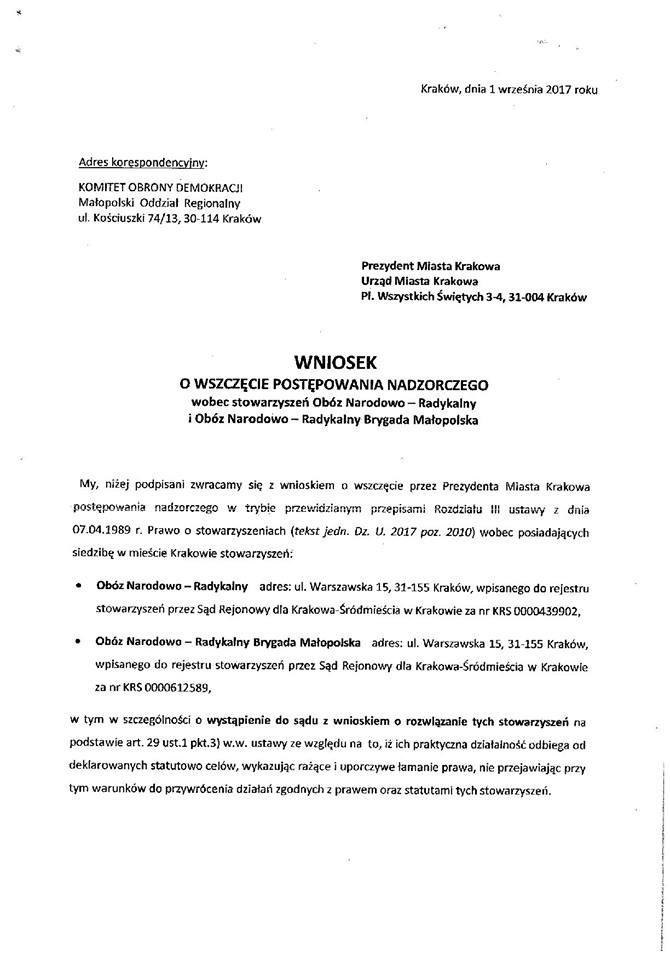 Małopolski KOD prosi prezydenta Krakowa o delegalizację ONR